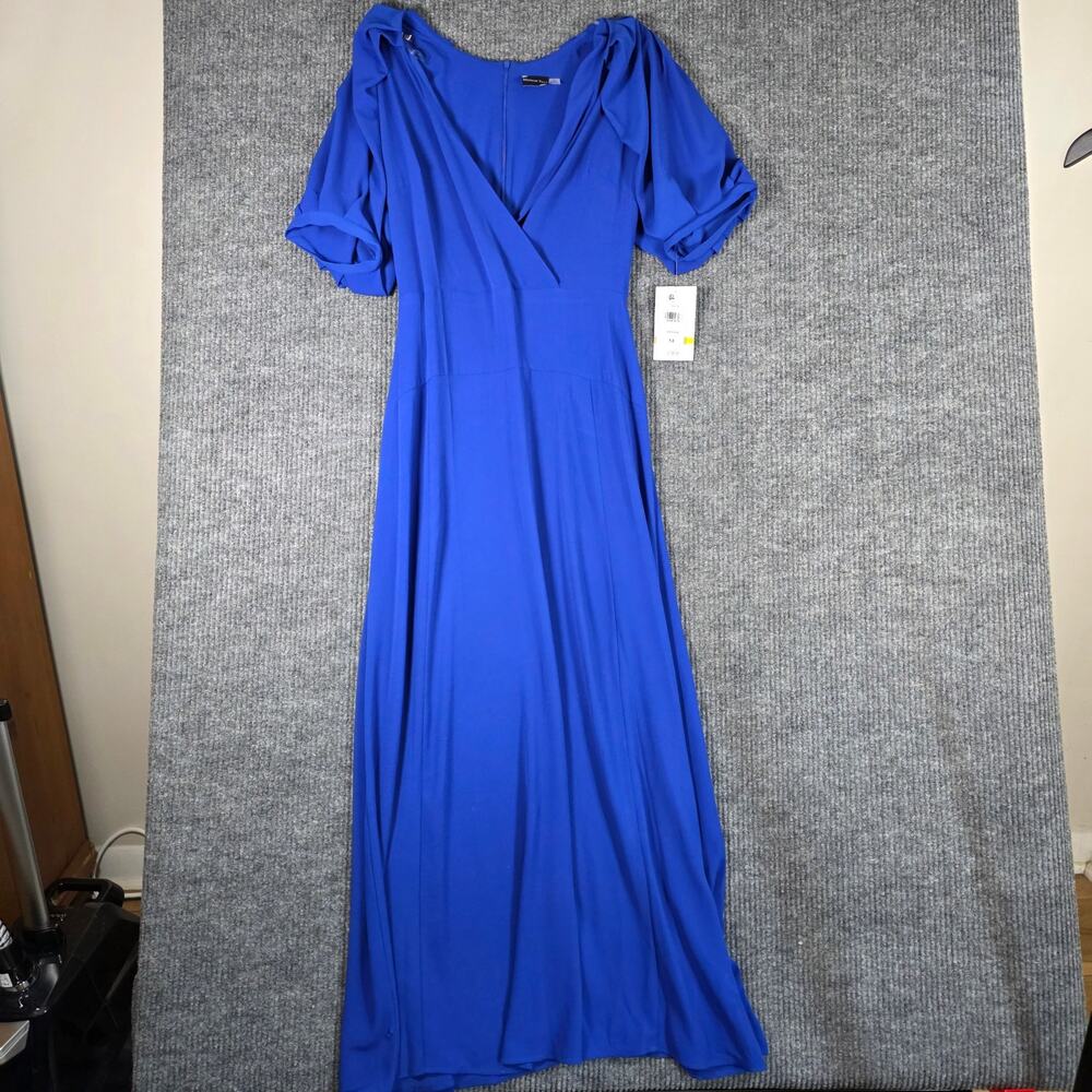 Maison Tara Maxi‎ Dress Womens 14 Blue Faux Wrap Puff Sleeve NWT Flawed